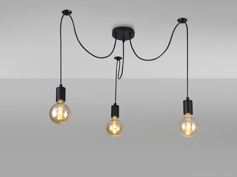 Deco Dreifa 2m Pendant, 3 Light Black/Black Cable, E27 Max 60W, c/w Distribution Box & Cable Support Brackets • D0630