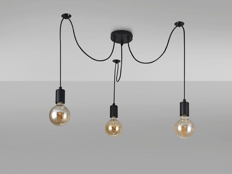 Deco Dreifa 2m Pendant, 3 Light Black/Black Cable, E27 Max 60W, c/w Distribution Box & Cable Support Brackets • D0630