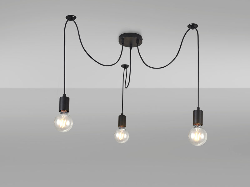 Deco Dreifa 2m Pendant, 3 Light Black/Black Cable, E27 Max 60W, c/w Distribution Box & Cable Support Brackets • D0630