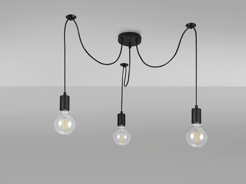 Deco Dreifa 2m Pendant, 3 Light Black/Black Cable, E27 Max 60W, c/w Distribution Box & Cable Support Brackets • D0630