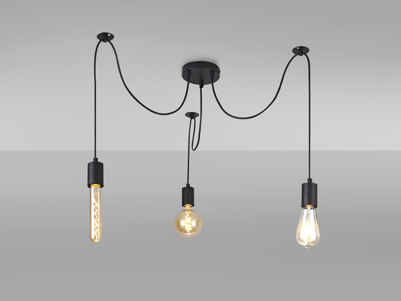 Deco Dreifa 2m Pendant, 3 Light Black/Black Cable, E27 Max 60W, c/w Distribution Box & Cable Support Brackets • D0630