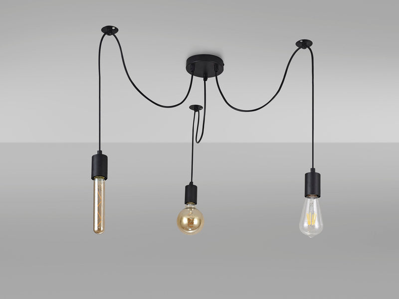 Deco Dreifa 2m Pendant, 3 Light Black/Black Cable, E27 Max 60W, c/w Distribution Box & Cable Support Brackets • D0630