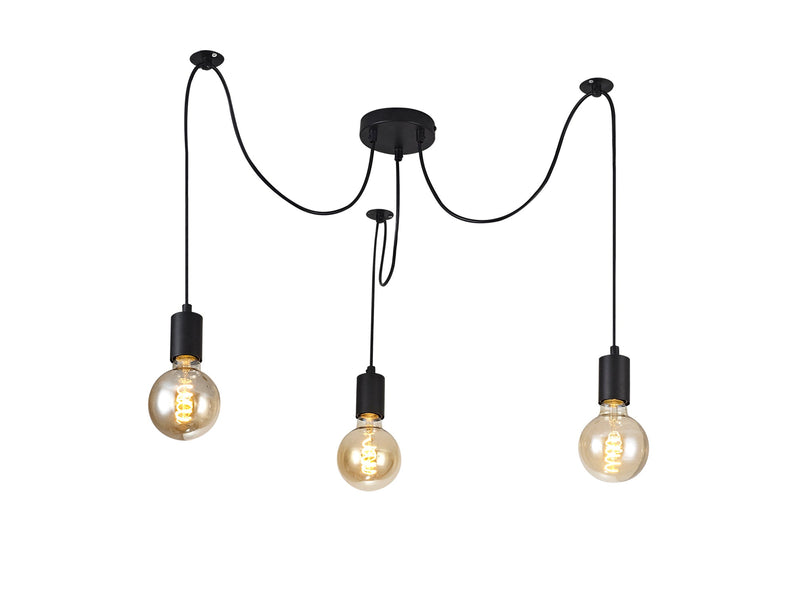 Deco Dreifa 2m Pendant, 3 Light Black/Black Cable, E27 Max 60W, c/w Distribution Box & Cable Support Brackets • D0630