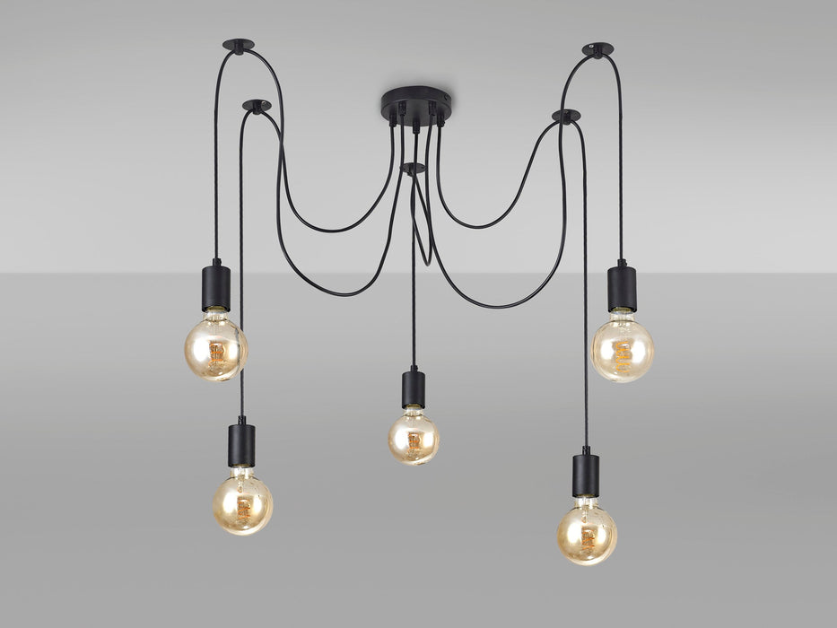 Deco Dreifa 2m Pendant, 5 Light Black/Black Cable, E27 Max 60W, c/w Distribution Box & Cable Support Brackets • D0631