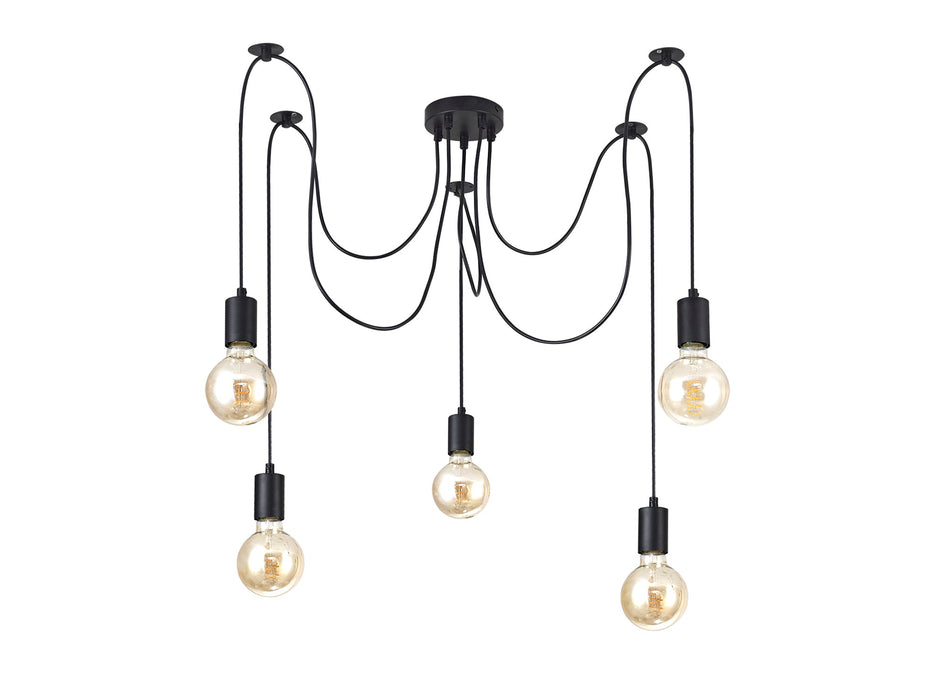 Deco Dreifa 2m Pendant, 5 Light Black/Black Cable, E27 Max 60W, c/w Distribution Box & Cable Support Brackets • D0631