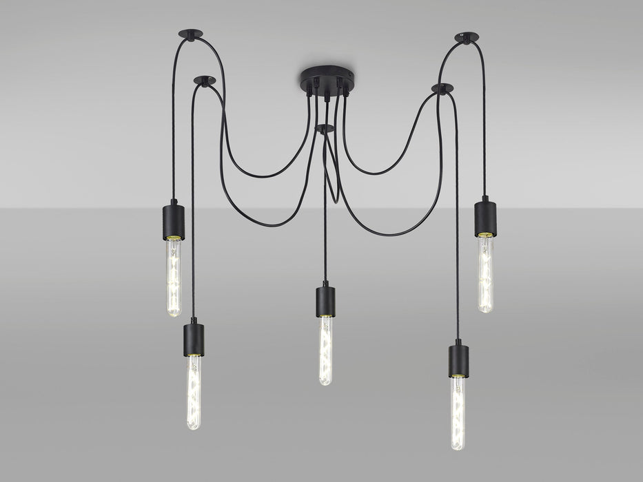 Deco Dreifa 2m Pendant, 5 Light Black/Black Cable, E27 Max 60W, c/w Distribution Box & Cable Support Brackets • D0631