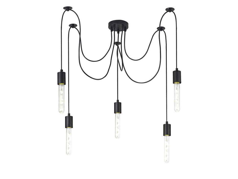 Deco Dreifa 2m Pendant, 5 Light Black/Black Cable, E27 Max 60W, c/w Distribution Box & Cable Support Brackets • D0631