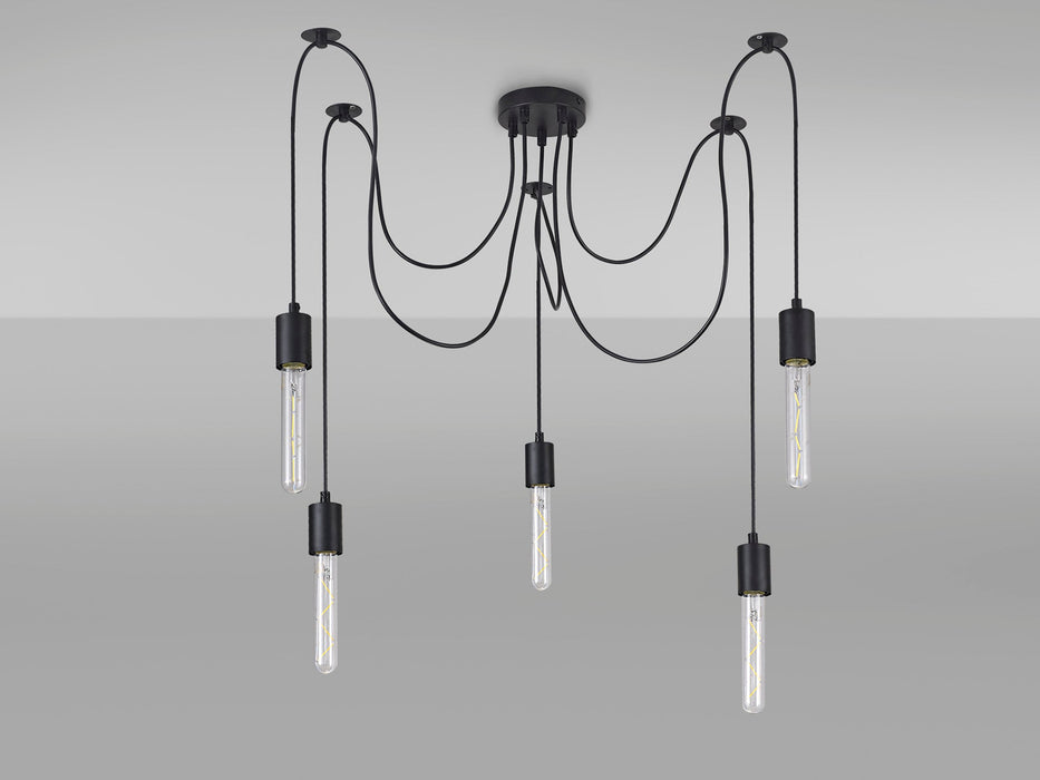 Deco Dreifa 2m Pendant, 5 Light Black/Black Cable, E27 Max 60W, c/w Distribution Box & Cable Support Brackets • D0631