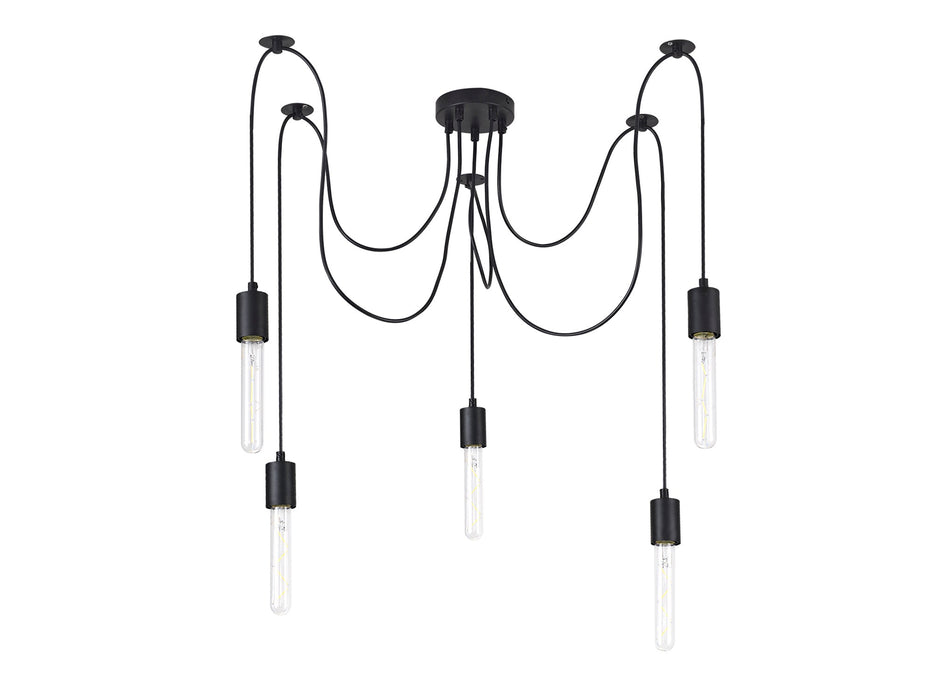 Deco Dreifa 2m Pendant, 5 Light Black/Black Cable, E27 Max 60W, c/w Distribution Box & Cable Support Brackets • D0631