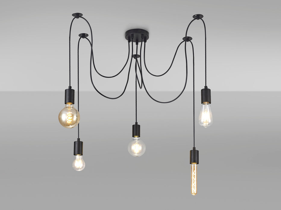 Deco Dreifa 2m Pendant, 5 Light Black/Black Cable, E27 Max 60W, c/w Distribution Box & Cable Support Brackets • D0631