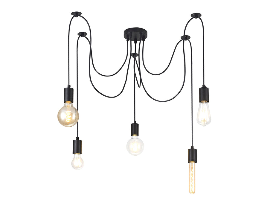 Deco Dreifa 2m Pendant, 5 Light Black/Black Cable, E27 Max 60W, c/w Distribution Box & Cable Support Brackets • D0631