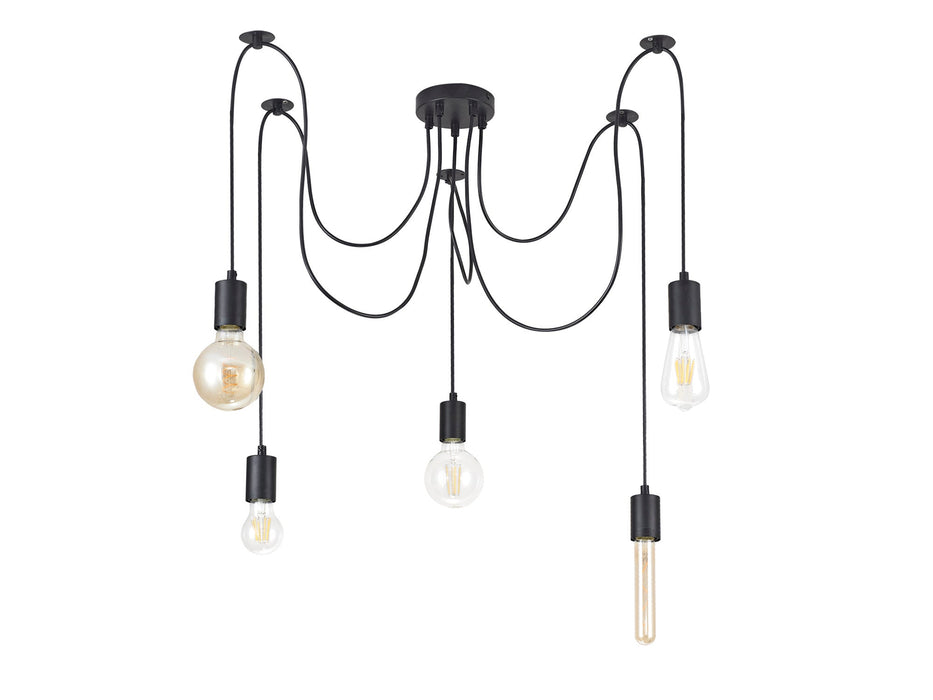 Deco Dreifa 2m Pendant, 5 Light Black/Black Cable, E27 Max 60W, c/w Distribution Box & Cable Support Brackets • D0631