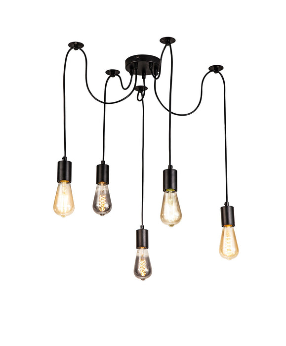 Deco Dreifa 2m Pendant, 5 Light Black/Black Cable, E27 Max 60W, c/w Distribution Box & Cable Support Brackets • D0631