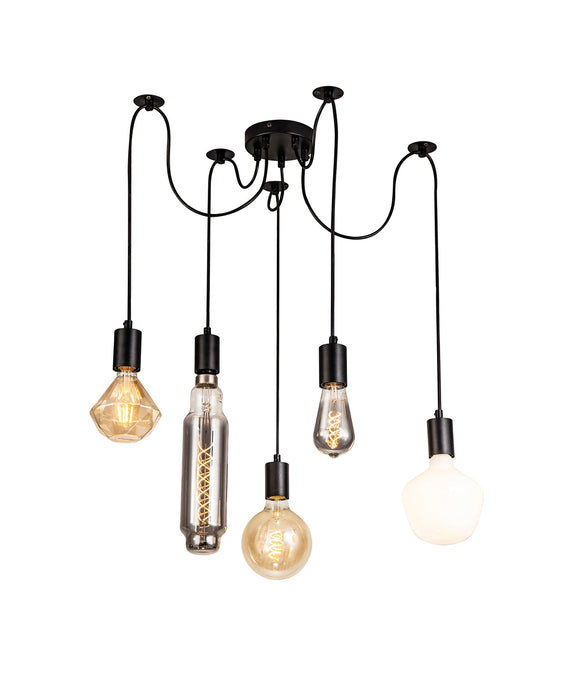 Deco Dreifa 2m Pendant, 5 Light Black/Black Cable, E27 Max 60W, c/w Distribution Box & Cable Support Brackets • D0631