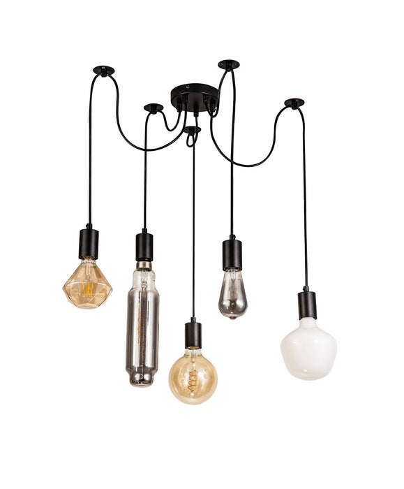 Deco Dreifa 2m Pendant, 5 Light Black/Black Cable, E27 Max 60W, c/w Distribution Box & Cable Support Brackets • D0631