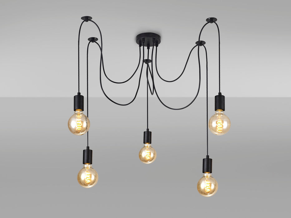 Deco Dreifa 2m Pendant, 5 Light Black/Black Cable, E27 Max 60W, c/w Distribution Box & Cable Support Brackets • D0631