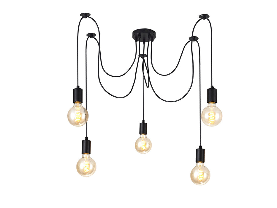 Deco Dreifa 2m Pendant, 5 Light Black/Black Cable, E27 Max 60W, c/w Distribution Box & Cable Support Brackets • D0631