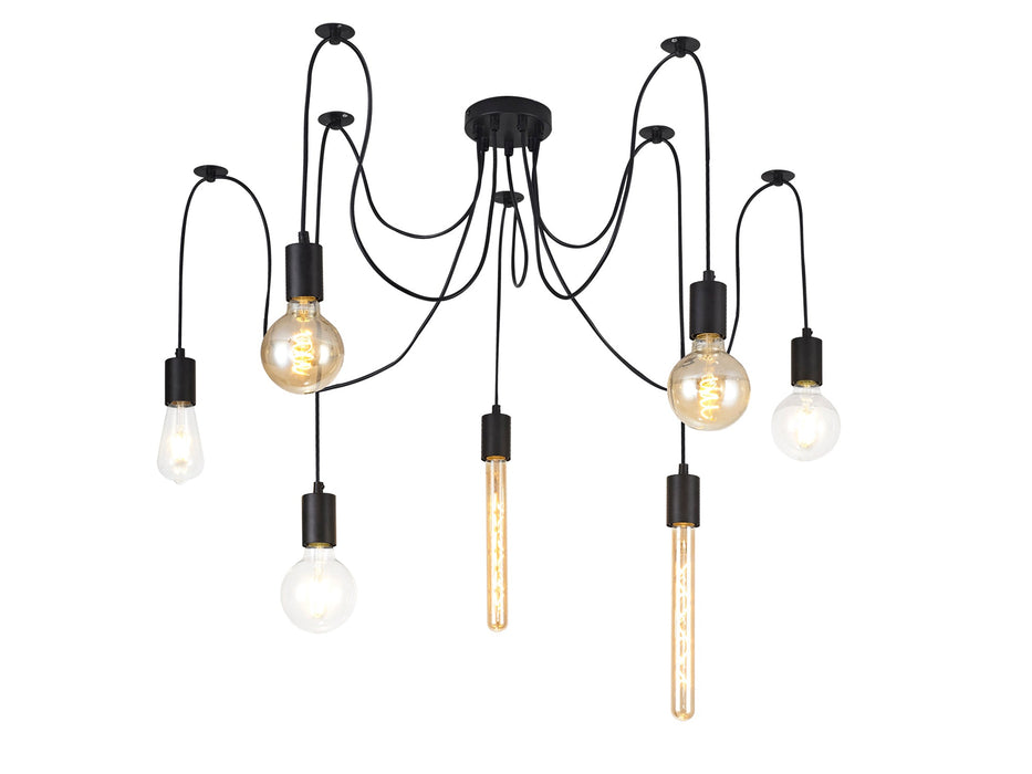 Deco Dreifa 2m Pendant, 7 Light Black/Black Cable, E27 Max 60W, c/w Distribution Box & Cable Support Brackets • D0632