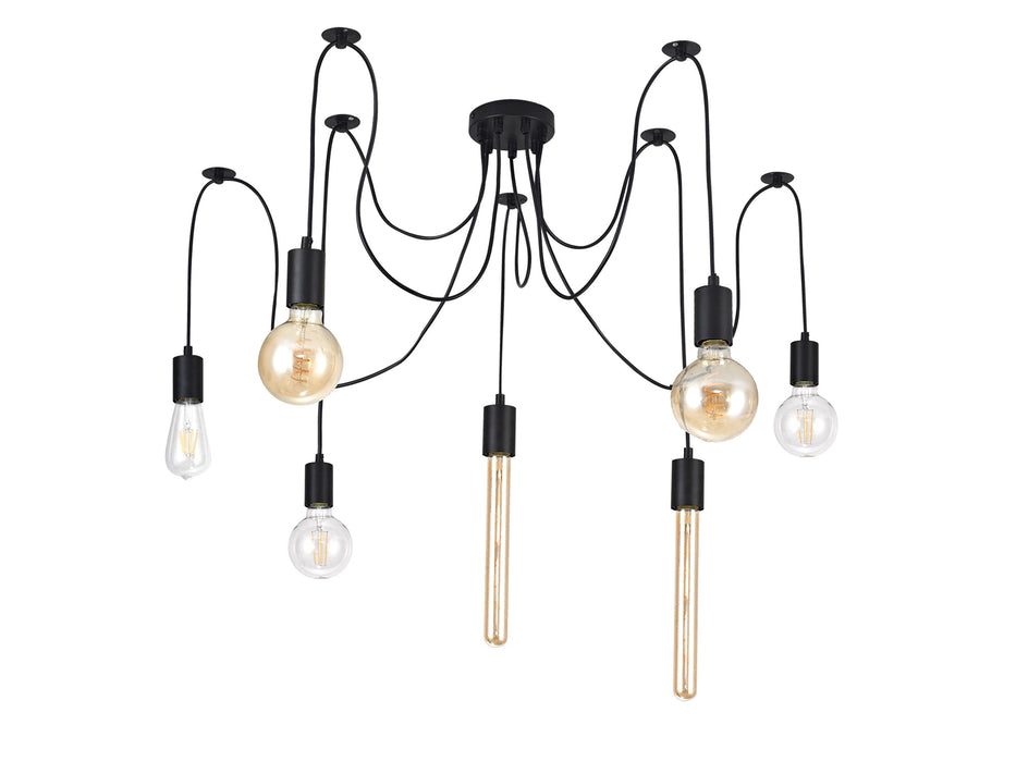 Deco Dreifa 2m Pendant, 7 Light Black/Black Cable, E27 Max 60W, c/w Distribution Box & Cable Support Brackets • D0632