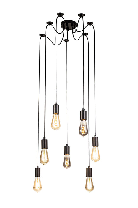 Deco Dreifa 2m Pendant, 7 Light Black/Black Cable, E27 Max 60W, c/w Distribution Box & Cable Support Brackets • D0632