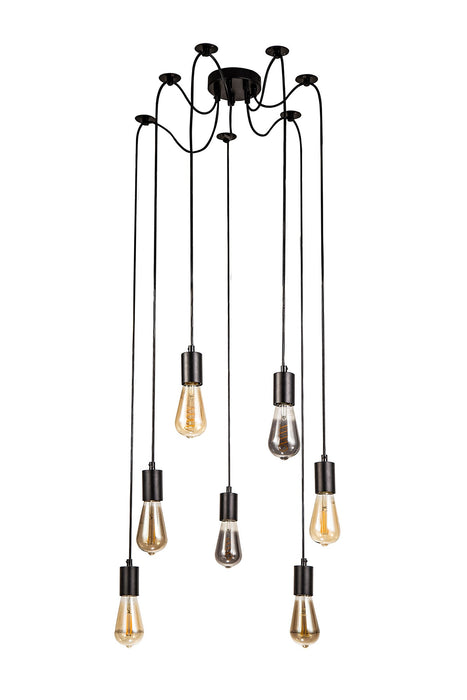 Deco Dreifa 2m Pendant, 7 Light Black/Black Cable, E27 Max 60W, c/w Distribution Box & Cable Support Brackets • D0632