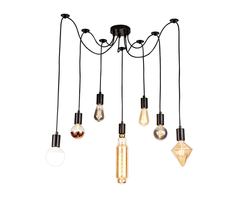 Deco Dreifa 2m Pendant, 7 Light Black/Black Cable, E27 Max 60W, c/w Distribution Box & Cable Support Brackets • D0632