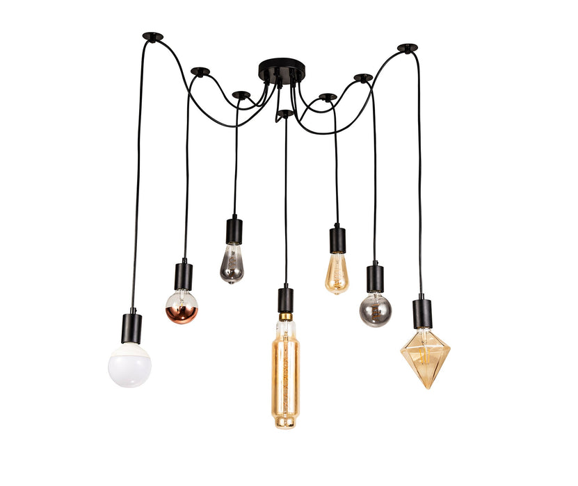 Deco Dreifa 2m Pendant, 7 Light Black/Black Cable, E27 Max 60W, c/w Distribution Box & Cable Support Brackets • D0632