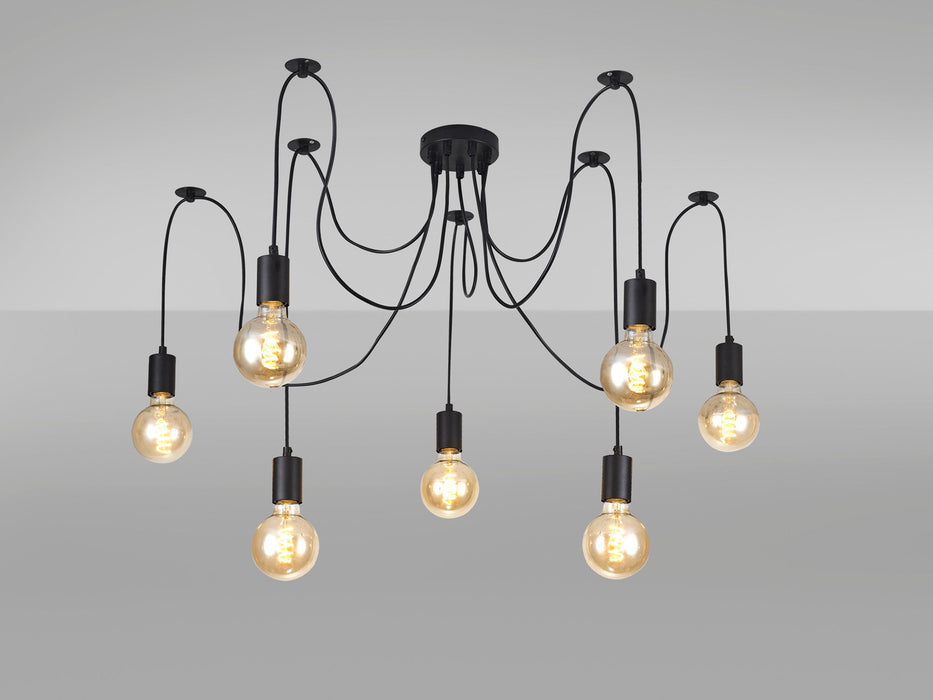 Deco Dreifa 2m Pendant, 7 Light Black/Black Cable, E27 Max 60W, c/w Distribution Box & Cable Support Brackets • D0632