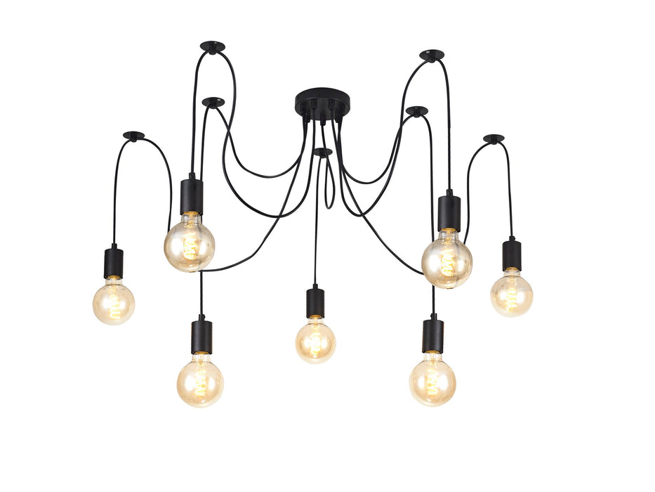 Deco Dreifa 2m Pendant, 7 Light Black/Black Cable, E27 Max 60W, c/w Distribution Box & Cable Support Brackets • D0632