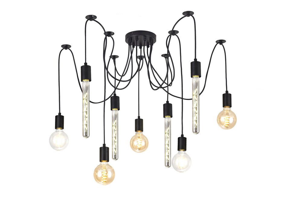 Deco Dreifa 2.5m Pendant, 9 Light Black/Black Cable, E27 Max 60W, c/w Distribution Box & Cable Support Brackets • D0633