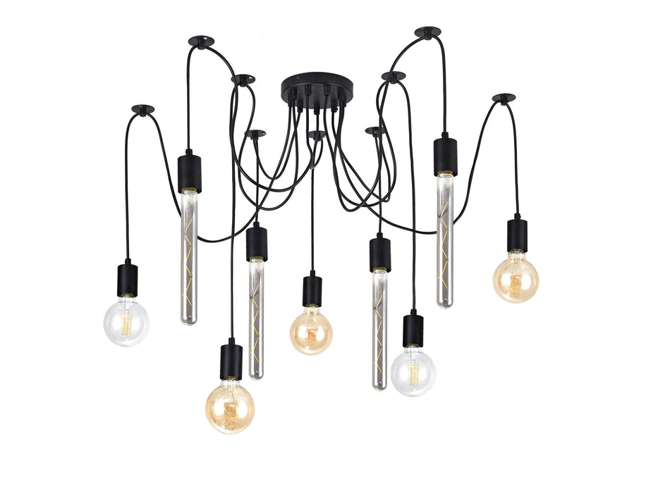 Deco Dreifa 2.5m Pendant, 9 Light Black/Black Cable, E27 Max 60W, c/w Distribution Box & Cable Support Brackets • D0633