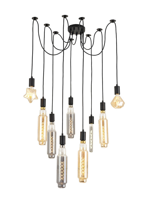 Deco Dreifa 2.5m Pendant, 9 Light Black/Black Cable, E27 Max 60W, c/w Distribution Box & Cable Support Brackets • D0633