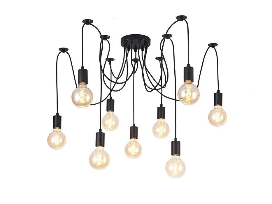 Deco Dreifa 2.5m Pendant, 9 Light Black/Black Cable, E27 Max 60W, c/w Distribution Box & Cable Support Brackets • D0633