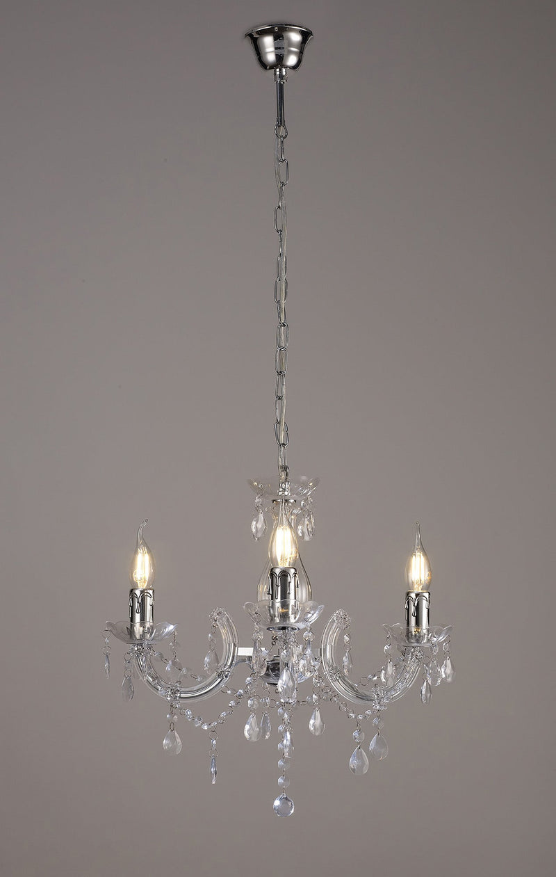 Deco Floria Chandelier With Acrylic Sconce & Acrylic Droplets 3 Light E14 Polished Chrome Finish • D0416