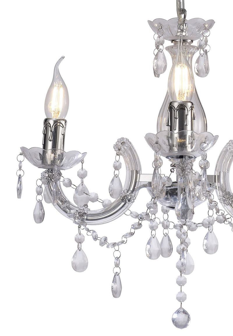 Deco Floria Chandelier With Acrylic Sconce & Acrylic Droplets 3 Light E14 Polished Chrome Finish • D0416