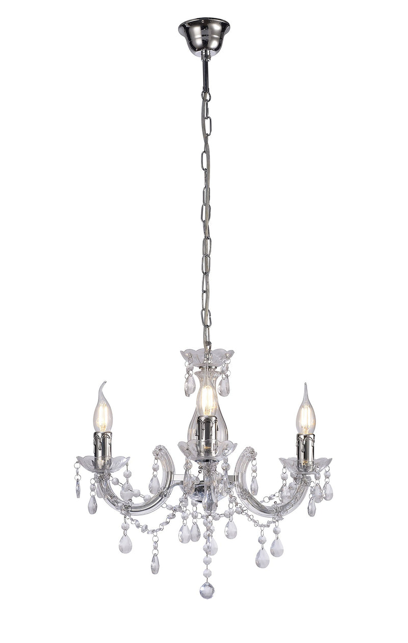 Deco Floria Chandelier With Acrylic Sconce & Acrylic Droplets 3 Light E14 Polished Chrome Finish • D0416