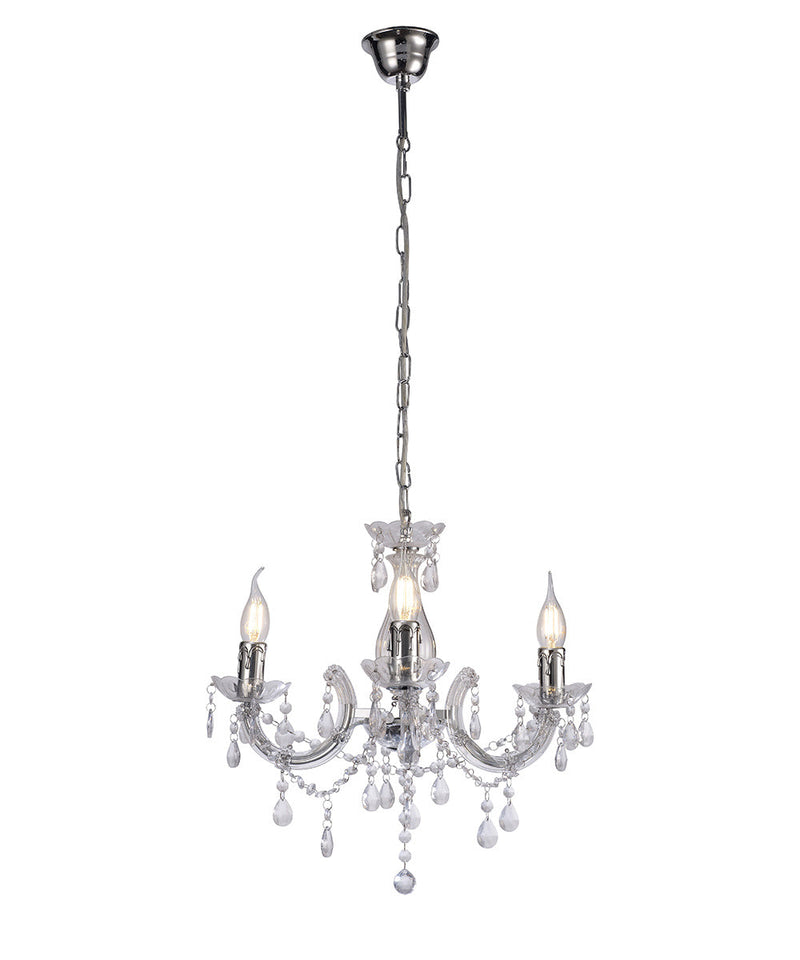 Deco Floria Chandelier With Acrylic Sconce & Acrylic Droplets 3 Light E14 Polished Chrome Finish • D0416