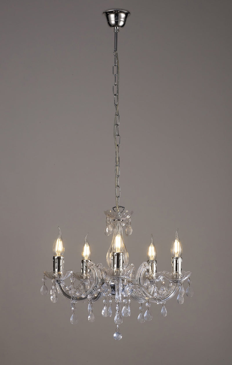 Deco Floria Chandelier With Acrylic Sconce & Acrylic Droplets 5 Light E14 Polished Chrome Finish • D0417
