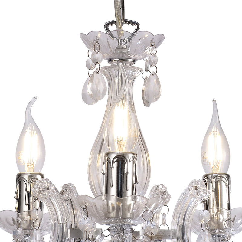 Deco Floria Chandelier With Acrylic Sconce & Acrylic Droplets 5 Light E14 Polished Chrome Finish • D0417