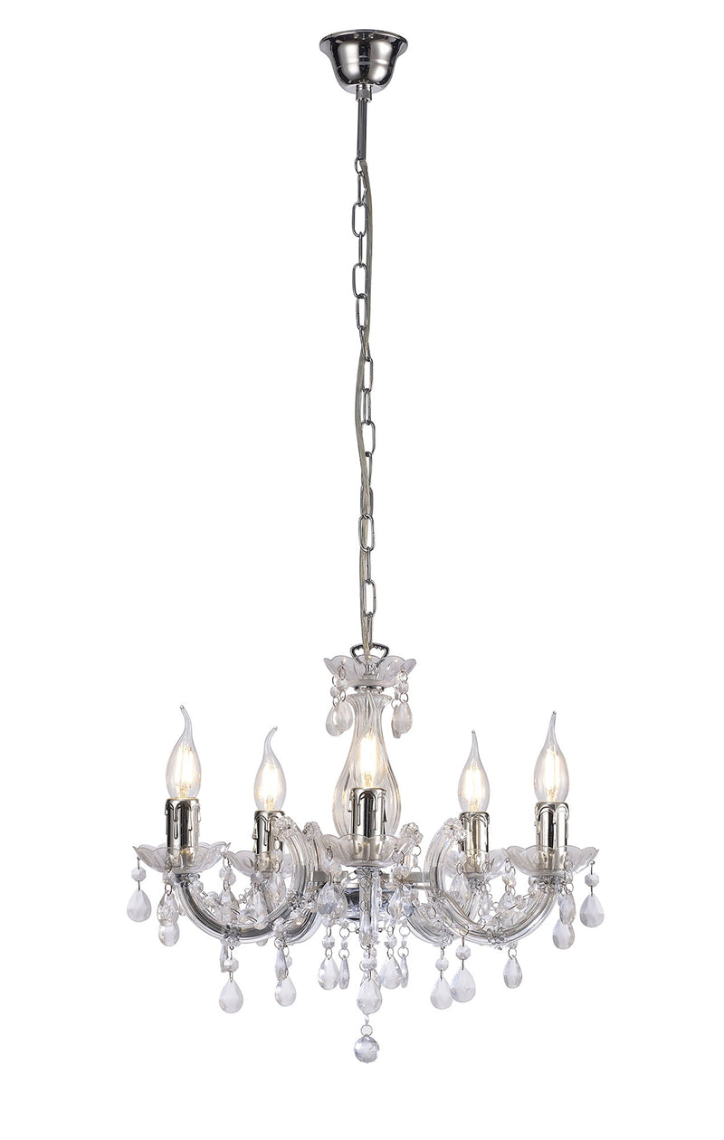 Deco Floria Chandelier With Acrylic Sconce & Acrylic Droplets 5 Light E14 Polished Chrome Finish • D0417