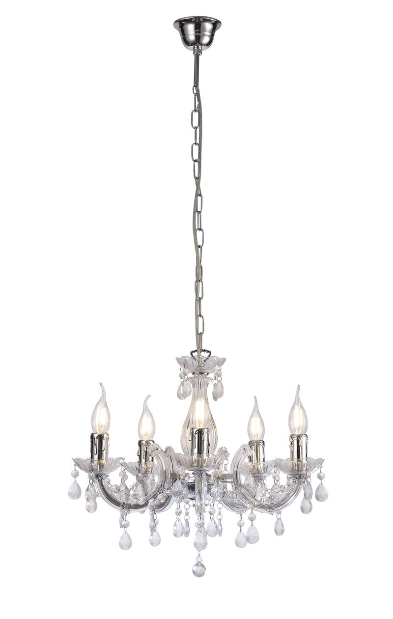 Deco Floria Chandelier With Acrylic Sconce & Acrylic Droplets 5 Light E14 Polished Chrome Finish • D0417