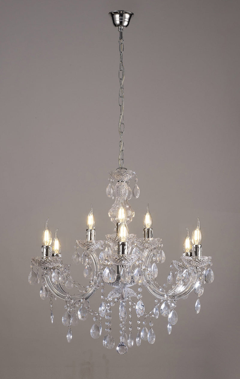 Deco Floria Chandelier With Acrylic Sconce & Acrylic Droplets 6+3 Light E14 Polished Chrome Finish • D0418