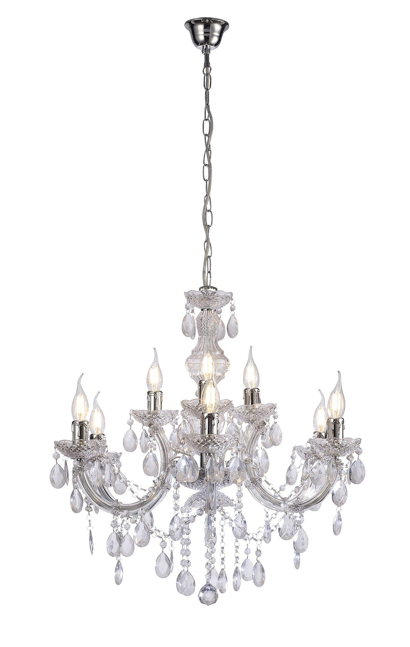 Deco Floria Chandelier With Acrylic Sconce & Acrylic Droplets 6+3 Light E14 Polished Chrome Finish • D0418