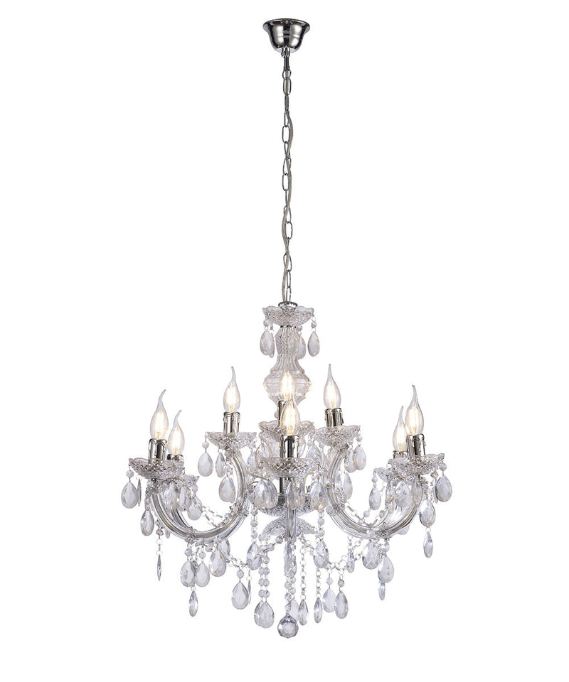 Deco Floria Chandelier With Acrylic Sconce & Acrylic Droplets 6+3 Light E14 Polished Chrome Finish • D0418