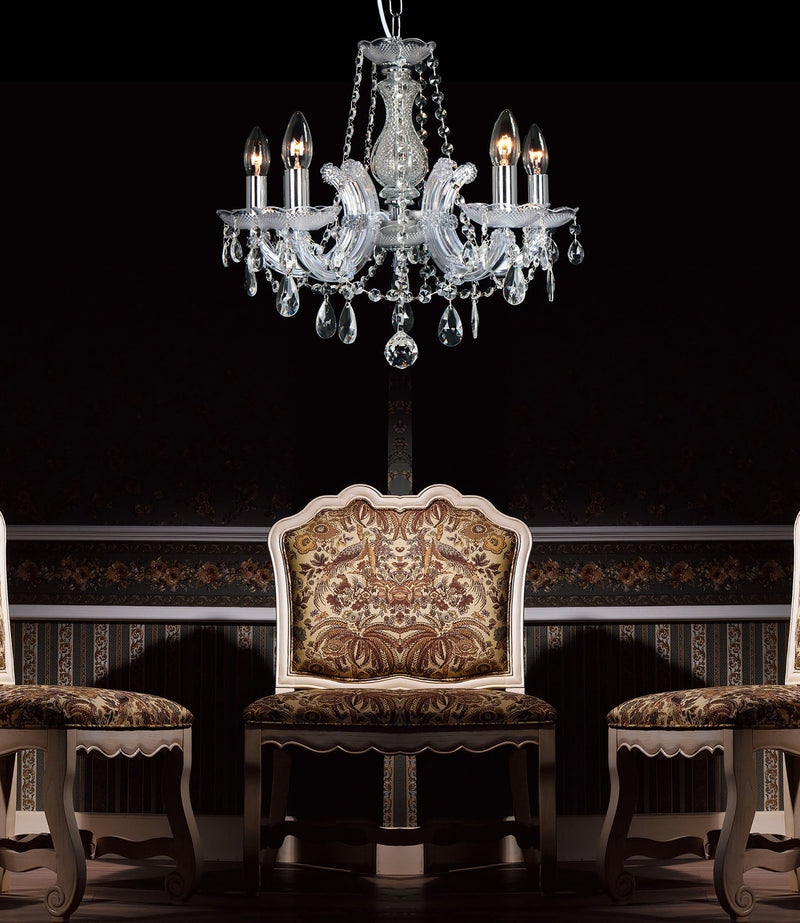 Deco Gabrielle Chandelier With Glass Sconce & Glass Crystal Droplets 5 Light E14 Polished Brass Finish • D0021