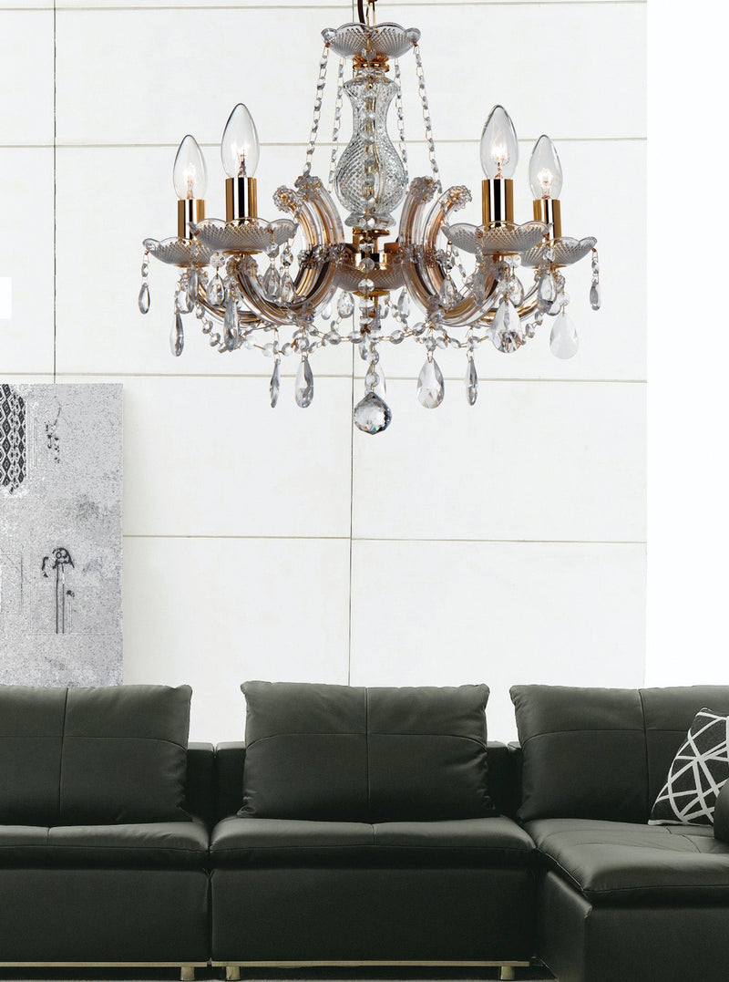 Deco Gabrielle Chandelier With Glass Sconce & Glass Crystal Droplets 5 Light E14 Polished Brass Finish • D0021