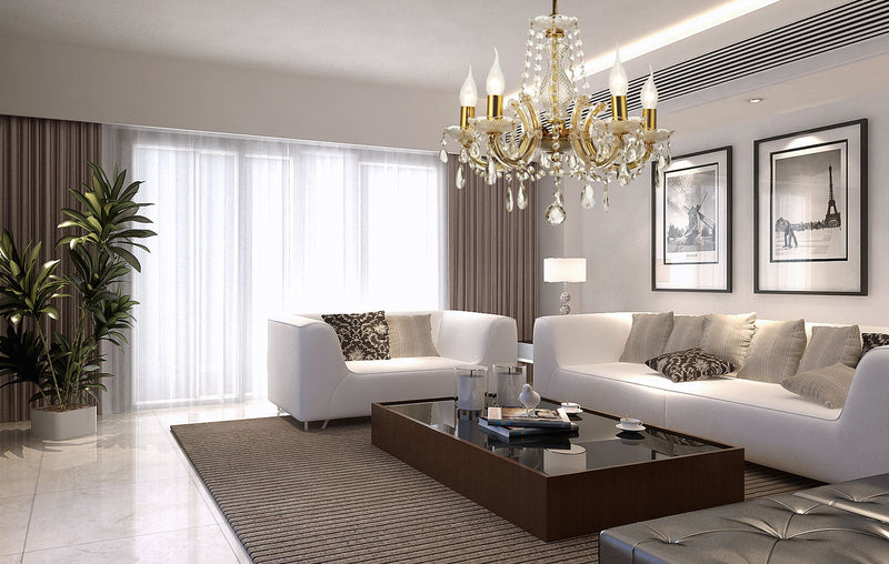 Deco Gabrielle Chandelier With Glass Sconce & Glass Crystal Droplets 5 Light E14 Polished Brass Finish • D0021