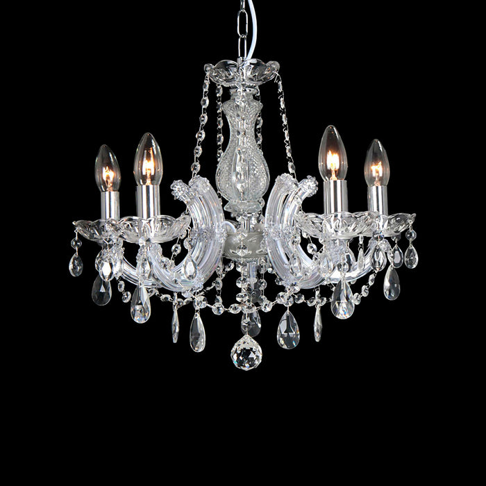 Deco Gabrielle Chandelier With Glass Sconce & Glass Droplets 5 Light E14 Polished Chrome Finish • D0020