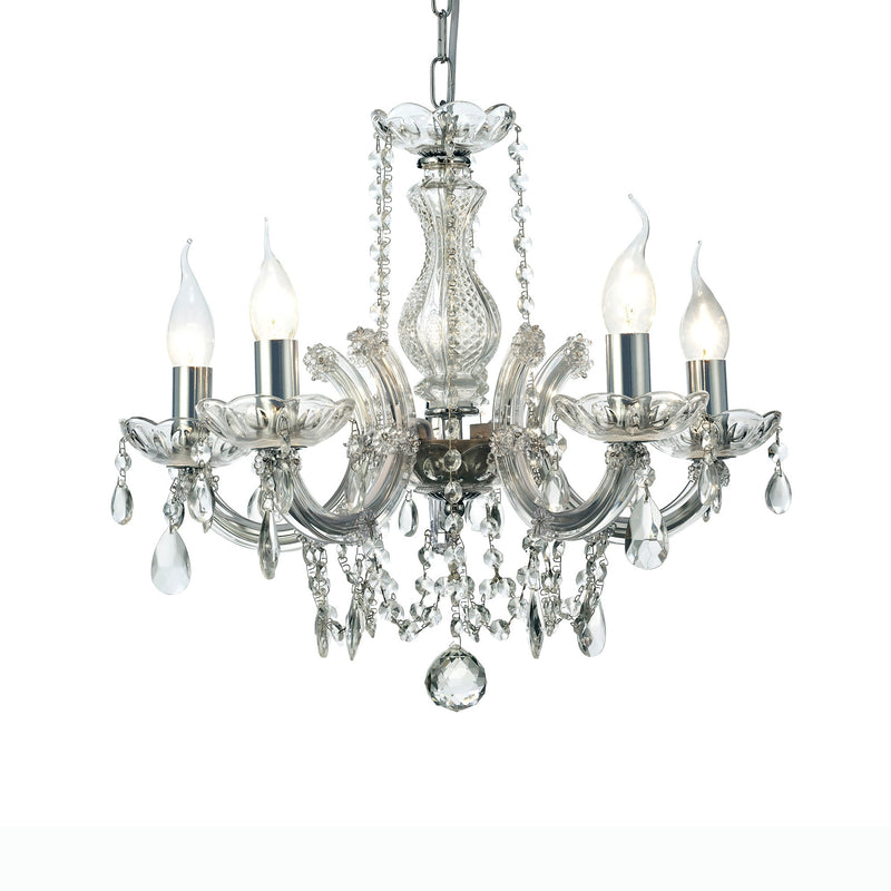 Deco Gabrielle Chandelier With Glass Sconce & Glass Droplets 5 Light E14 Polished Chrome Finish • D0020
