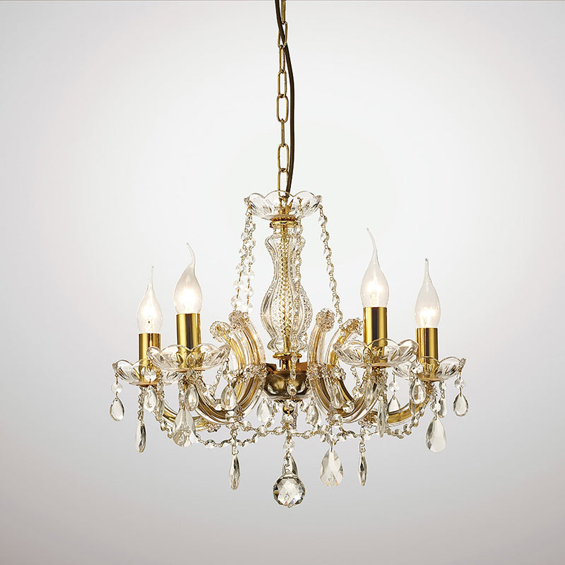 Deco Gabrielle Chandelier With Glass Sconce & Glass Crystal Droplets 5 Light E14 Polished Brass Finish • D0021